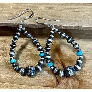 Sterling Silver Southwestern Navajo Style Pearl & Turquoise Bead Hoop Earrings 2